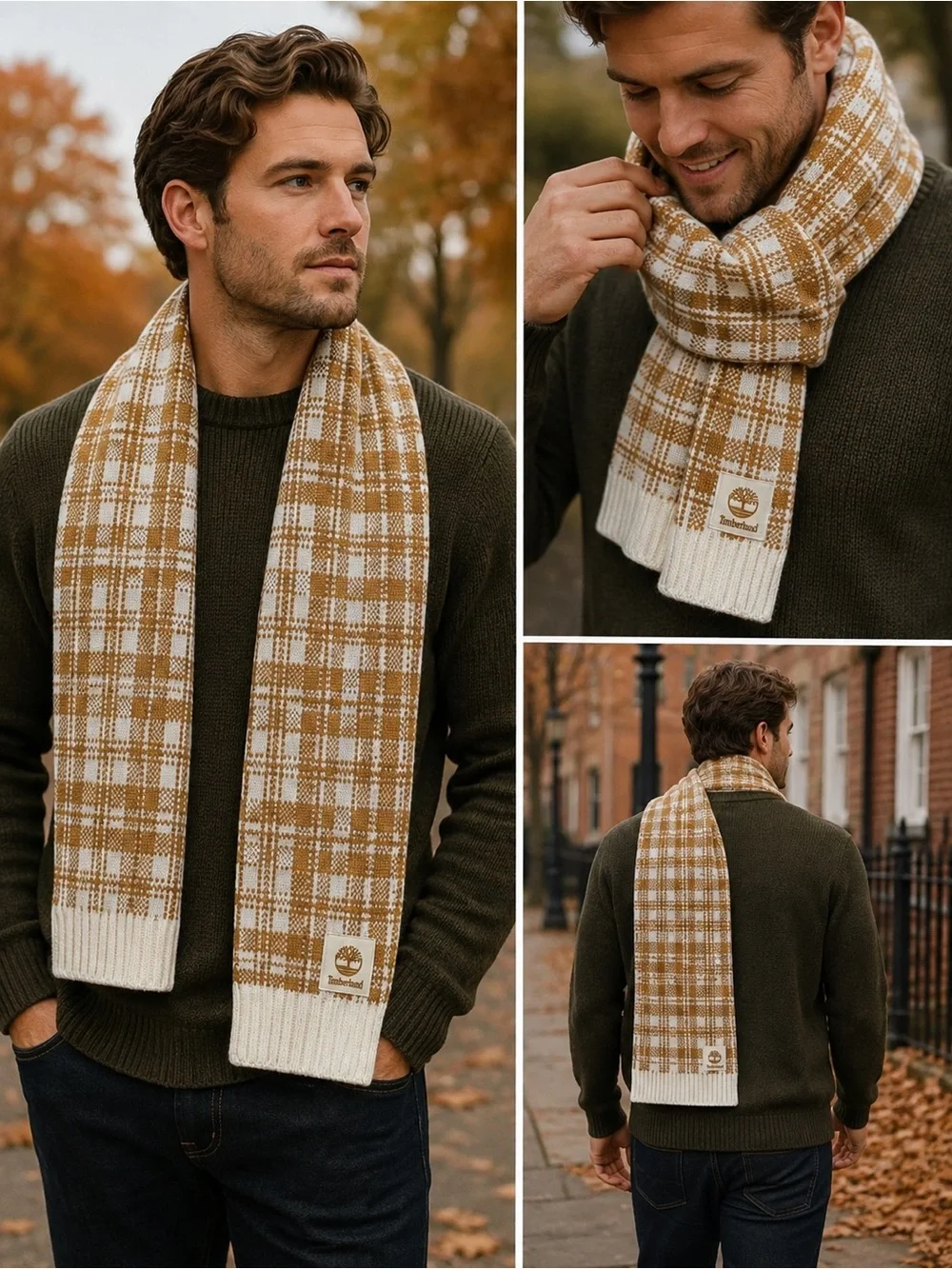 Timberland Plaid Knit Scarf NWT Tan Cream Winter Scarf Unisex Soft Cozy